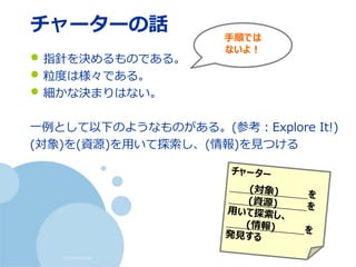 (c) nemorine
チャーターの話
• 指針を決めるものである。
• 粒度は様々である。
• 細かな決まりはない。
一例として以下のようなものがある。(参考：Explore It!)
(対象)を(資源)を用いて探索し、(情報)を見つける
手順では
ないよ！
 