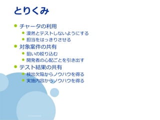 (c) nemorine
とりくみ
• チャータの利用
• 漠然とテストしないようにする
• 担当をはっきりさせる
• 対象案件の共有
• 狙いの絞り込む
• 開発者の心配ごとを引き出す
• テスト結果の共有
• 検出欠陥からノウハウを得る
• 実施内容からノウハウを得る
 