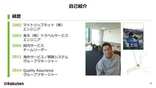 自己紹介
2002
2003
2005
2011
2014
マイトリップネット（株）
エンジニア
経歴
楽天（株）トラベルサービス
エンジニア
国内サービス
チームリーダー
海外サービス／精算システム
グループマネージャー
Quality Assurance
グループマネージャー
富士山
3
 