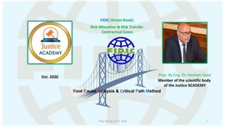 Oct. 2020
Root Cause Analysis & Critical Path Method
FIDIC (Green Book)
Prep. By Eng. Dr. Hesham Saad
Risk Allocation & Risk Transfer
Contractual Cases
Member of the scientific body
of the Justice ACADEMY
Prep. By Eng. Dr. H. Saad 1
 