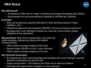 NEA Scout
Why NEA Scout?
• Characterize a NEA with an imager to address key Strategic Knowledge Gaps (SKGs)
• Demonstrates low cost reconnaissance capability for HEOMD (6U CubeSat)
Leverages:
• Solar sail development expertise (NanoSail-D, Solar Sail Demonstration Project,
LightSail-1, etc.)
• CubeSat developments and standards (INSPIRE, University & Industry experience)
• Synergies with Lunar Flashlight (Cubesat bus, solar sail, communication system,
integration & test, operations)
Key Technical Constraints:
• 6U Cubesat and ~85 m2 sail to leverage commonalities with Lunar Flashlight, expected
dispenser compatibility and optimize cost
• Target must be within ~1 AU distance from Earth due to telecom limitations
• Slow flyby with target-relative navigation on close approach
Measurements: NEA volume, spectral type, spin mode and
orbital properties, address key physical and regolith
mechanical SKG
• ≥80% surface coverage imaging at ≤50 cm/px
• Spectral range: 400-900 nm (incl. 4 color channels)
• ≥30% surface coverage imaging at ≤10 cm/px
19
 