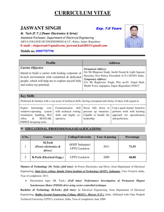CURRICULUM VITAE
JASWANT SINGH Exp. 7.0 Years
M. Tech [F.T.] (Power Electronics & Drive)
Assistant Professor, Department of Electrical Engineering
ARYA COLLEGE OF ENGINEERING & I.T., Kukas, Jaipur (Rajasthan)
E-mail – sinjaswant@gmail.com, jaswant.knit2011@gmail.com
Mobile no. 09897707798
Profile Address
Carrier Objective
Intend to build a carrier with leading corporate of
hi-tech environment with committed & dedicated
people, which will help me to explore myself fully
and realize my potential.
Permanent Address:
S/o Mr Bhagwan Singh, Sushil Sound & Light Sajawat
Karyalay, New Puliya, Firozabad, (U.P.)-283203, India,
Temporary Address:
C/o Mr Raghuveer Singh, Plot no-02, Gopal Badi,
Model Town, Jagatpura, Jaipur (Rajasthan)-302017
Key Skills
Proficient & familiar with a vast array of technical skills, having conceptual and clarity of ideas with regard to.
Expert knowledge over
windows-operating system
installation, handling, M.S
office & MATLAB,
PSPICE designing tools.
Communication skill
with technical writing
skills and highly co-
operative.
Never falls down to
pressure up situations.
Capable to handle the
leadership.
I am a quick learner Aimed to
perform work with learning
approach for specialization
and perfection.
EDUCATIONAL /PROFESSIONALS QUALIFICATIONS:
Masters of Technology (M. Tech.) {full time}: In Power Electronics and Drive, from Department of Electrical
Engineering, State Govt. college, Kamla Nehru Institute of Technology (KNIT), Sultanpur, Uttar Pradesh, India,
Year of completion: 2011.
• Dissertation topic (M. Tech.) {Full time}: Performance Investigation of Permanent Magnet
Synchronous Motor (PMSM) drive using vector controlled technique.
Bachelor of Technology (B.Tech.) {full time}: In Electrical Engineering, from Department of Electrical
Engineering, Radha Govind Engineering Collage (RGEC), Meerut (U.P.), India, Affiliated with Uttar Pradesh
Technical University (UPTU), Lucknow, India. Year of completion: June 2009.
S.No. Course College/University Year of passing Percentage
1
M.Tech
(Power electronics &
drives)
(KNIT Sultanpur)
UPTU Lucknow
2011 71.55
2 B.Tech (Electrical Engg.) UPTU Lucknow 2009 68.88
 
