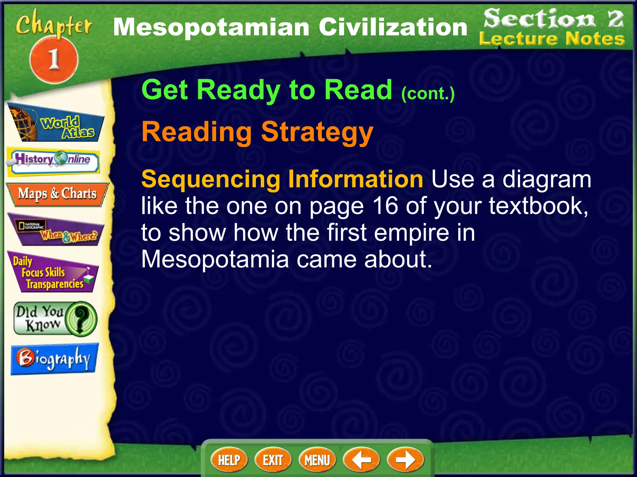Get Ready to Read  (cont.) Reading Strategy Sequencing Information  Use a diagram like the one on page 16 of your textbook, to show how the first empire in Mesopotamia came about. Mesopotamian Civilization 
