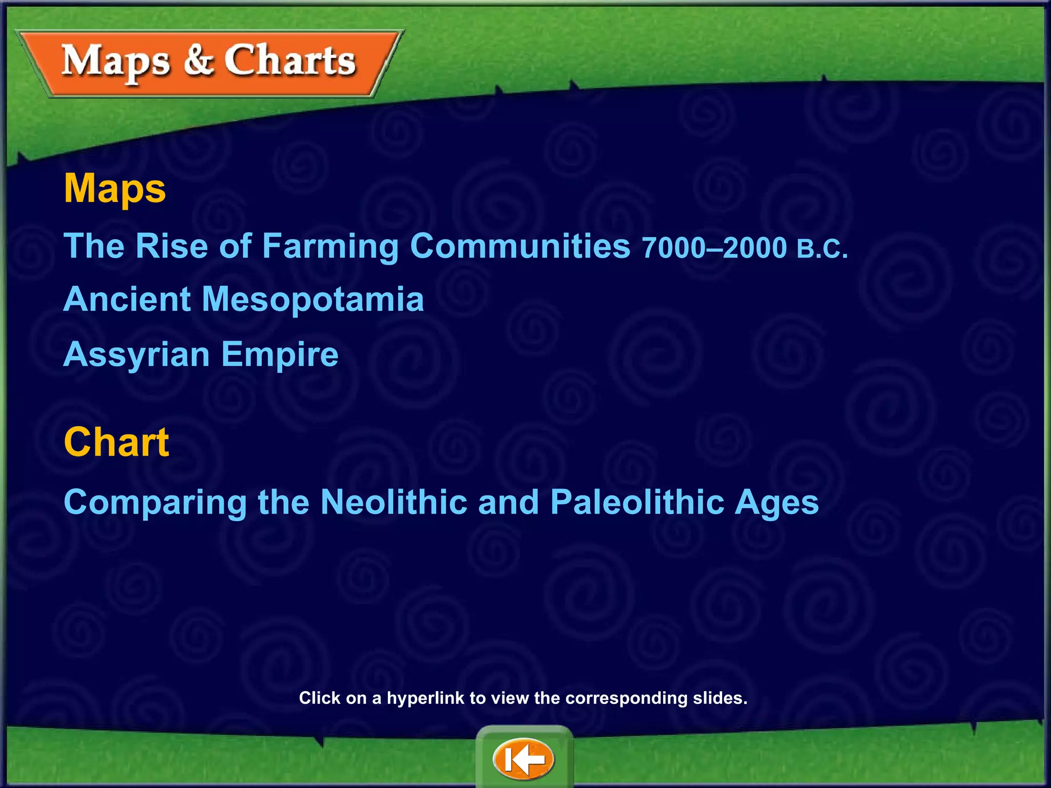 Map s The Rise of Farming Communities  7000 – 2000  B.C. Ancient Mesopotamia Assyrian Empire Chart Comparing the Neolithic and Paleolithic Ages Click on a hyperlink to view the corresponding slides. 