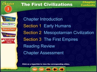 Chapter Introduction Section 1  Early Humans Section 2  Mesopotamian Civilization Section 3  The First Empires Reading Review Chapter Assessment The First Civilizations Click on a hyperlink to view the corresponding slides. 