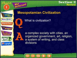 What is civilization? a complex society with cities, an organized government, art, religion, a system of writing, and class divisions  Mesopotamian Civilization 