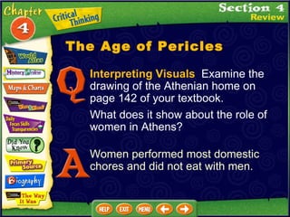 Interpreting Visuals   Examine the drawing of the Athenian home on page 142 of your textbook. What does it show about the role of women in Athens?   Women performed most domestic chores and did not eat with men. The Age of Pericles 