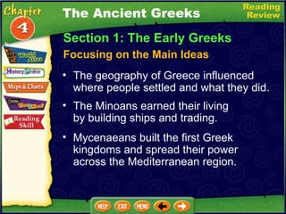 Section 1: The Early Greeks Focusing on the Main Ideas The geography of Greece influenced where people settled and what they did.   The Minoans earned their living  by building ships and trading.  Mycenaeans built the first Greek kingdoms and spread their power  across the Mediterranean region.  The Ancient Greeks 