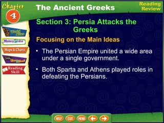 Focusing on the Main Ideas The Persian Empire united a wide area under a single government.   Both Sparta and Athens played roles in defeating the Persians. Section 3: Persia Attacks the      Greeks The Ancient Greeks 