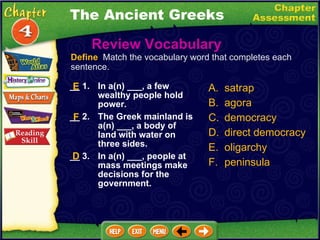 __ 1. In a(n) ___, a few wealthy people hold power. __ 2. The Greek mainland is a(n) ___, a body of land with water on three sides. __ 3. In a(n) ___, people at mass meetings make decisions for the government.  Review Vocabulary A. satrap B. agora C. democracy D. direct democracy E. oligarchy F. peninsula F D Define   Match the vocabulary word that completes each sentence. E The Ancient Greeks 