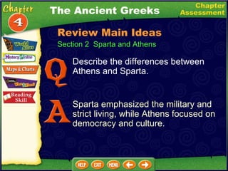 Describe the differences between Athens and Sparta. Sparta emphasized the military and strict living, while Athens focused on democracy and culture. The Ancient Greeks Section 2  Sparta and Athens Review Main Ideas 