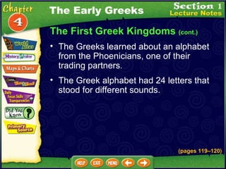 The First Greek Kingdoms  (cont.) The Greeks learned about an alphabet from the Phoenicians, one of their trading partners .  The Greek alphabet had 24 letters that stood for different sounds.   The Early Greeks (pages 119 – 120) 