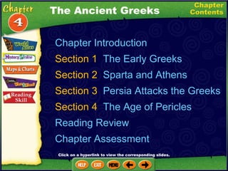 Chapter Introduction Section 1  The Early Greeks Section 2  Sparta and Athens Section 3  Persia Attacks the Greeks Section 4  The Age of Pericles Reading Review Chapter Assessment The Ancient Greeks Click on a hyperlink to view the corresponding slides. 