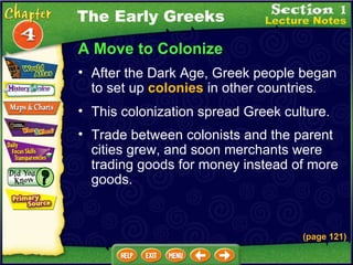 A Move to Colonize After the Dark Age, Greek people began to set up  colonies  in other countries .  (page 121) This colonization spread Greek culture.  Trade between colonists and the parent cities grew, and soon merchants were trading goods for money instead of more goods.  The Early Greeks 