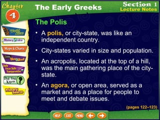The Polis A  polis,  or city-state, was like an independent country .  (pages 122 – 123) City-states varied in size and population.  An acropolis, located at the top of a hill, was the main gathering place of the city-state.  An  agora,  or open area, served as a market and as a place for people to meet and debate issues.   The Early Greeks 