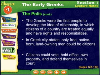 The Polis  (cont.) The Greeks were the first people to develop the idea of citizenship, in which citizens of a country are treated equally and have rights and responsibilities .  In Greek city-states, only free, native-born, land-owning men could be citizens.  Citizens could vote, hold office, own property, and defend themselves in court.   The Early Greeks (pages 122 – 123) 