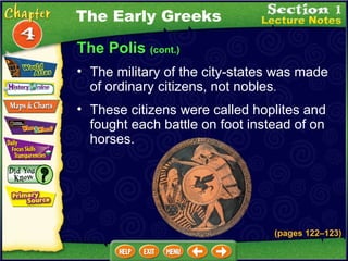 The Polis  (cont.) The military of the city-states was made of ordinary citizens, not nobles .  These citizens were called hoplites and fought each battle on foot instead of on horses.  The Early Greeks (pages 122 – 123) 