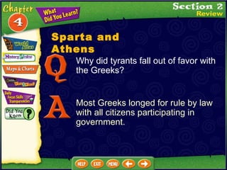 Most Greeks longed for rule by law with all citizens participating in government. Why did tyrants fall out of favor with the Greeks? Sparta and Athens 