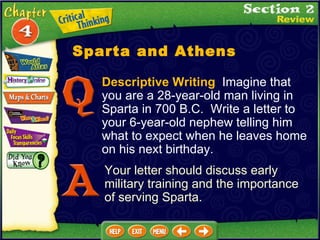 Descriptive Writing   Imagine that you are a 28-year-old man living in Sparta in 700 B.C.  Write a letter to your 6-year-old nephew telling him what to expect when he leaves home on his next birthday.  Your letter should discuss early military training and the importance of serving Sparta. Sparta and Athens 