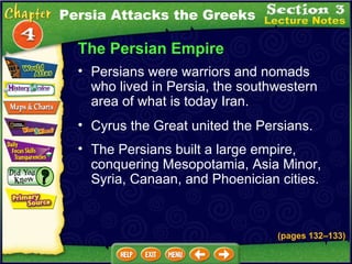The Persian Empire Persians were warriors and nomads who lived in Persia, the southwestern area of what is today Iran.  Cyrus the Great united the Persians.  The Persians built a large empire, conquering Mesopotamia, Asia Minor, Syria, Canaan, and Phoenician cities.  (pages 132 – 133) Persia Attacks the Greeks 