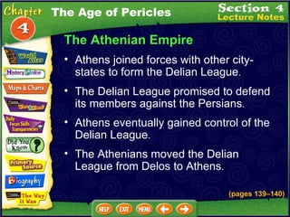 The Athenian Empire Athens joined forces with other city-states to form the Delian League .  (pages 139 – 140) The Delian League promised to defend its members against the Persians .  Athens eventually gained control of the Delian League .  The Athenians moved the Delian League from Delos to Athens . The Age of Pericles 