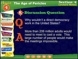 Why wouldn’t a direct democracy work in the United States? More than 206 million adults would need to meet to cast a vote.  This large number of people would make the meetings impossible. The Age of Pericles 