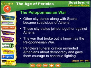 The Peloponnesian War Other city-states along with Sparta became suspicious of Athens.   (pages 144 – 146) These city-states joined together against Athens.  The war that broke out is known as the Peloponnesian War.   Pericles’s funeral oration reminded Athenians about democracy and gave them courage to continue fighting. The Age of Pericles 