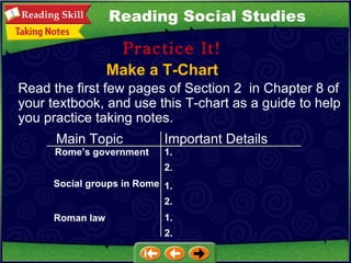 Make a T-Chart Practice It! Read the first few pages of Section 2  in Chapter 8 of your textbook, and use this T-chart as a guide to help you practice taking notes.  Reading Social Studies Main Topic Important Details Rome’s government 1. 2. Social groups in Rome 1. 2. Roman law 1. 2. 