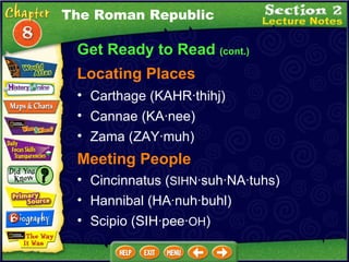 Get Ready to Read  (cont.) Cincinnatus ( SIHN ·suh·NA·tuhs)  Meeting People Hannibal (HA·nuh·buhl)  Scipio (SIH·pee· OH )  The Roman Republic Carthage (KAHR·thihj)  Locating Places Cannae (KA·nee)  Zama (ZAY·muh)  