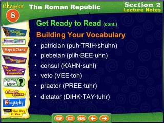 Get Ready to Read  (cont.) Building Your Vocabulary patrician (puh·TRIH·shuhn)  plebeian (plih·BEE·uhn)  consul (KAHN·suhl)  praetor (PREE·tuhr)  veto (VEE·toh)  The Roman Republic dictator (DIHK·TAY·tuhr) 