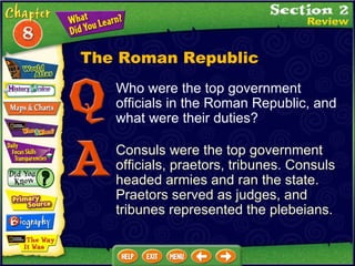 Who were the top government officials in the Roman Republic, and what were their duties? Consuls were the top government officials, praetors, tribunes. Consuls headed armies and ran the state.  Praetors served as judges, and tribunes represented the plebeians. The Roman Republic 