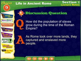 How did the population of slaves grow during the time of the Roman Empire? As Rome took over more lands, they captured and enslaved more people. Life in Ancient Rome 