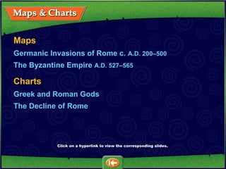 Map s Germanic Invasions of Rome c.  A.D.  200 – 500 The Byzantine Empire  A.D.  527 – 565 Click on a hyperlink to view the corresponding slides. Charts Greek and Roman Gods The Decline of Rome 