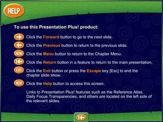 Click the  Forward   button to go to the next slide. Click the  Previous   button to return to the previous slide. Click the  Menu   button to return to the Chapter Menu.  Click the  Return  button in a feature to return to the main presentation. Click the  Exit  button or press the  Escape  key [Esc] to end the  chapter slide show. Click the  Help   button to access this screen. Links to Presentation Plus! features such as the Reference Atlas, Daily Focus Transparencies, and others are located on the left side of the relevant slides. To use this Presentation Plus! product: 