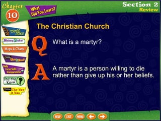 What is a martyr? A martyr is a person willing to die rather than give up his or her beliefs. The Christian Church 