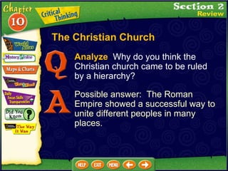 Analyze   Why do you think the Christian church came to be ruled by a hierarchy? Possible answer:  The Roman Empire showed a successful way to unite different peoples in many places. The Christian Church 
