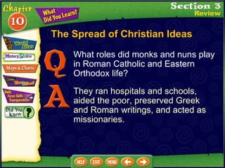The Spread of Christian Ideas What roles did monks and nuns play in Roman Catholic and Eastern Orthodox life? They ran hospitals and schools, aided the poor, preserved Greek and Roman writings, and acted as missionaries. 