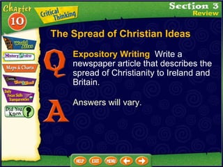 Expository Writing   Write a newspaper article that describes the spread of Christianity to Ireland and Britain. Answers will vary. The Spread of Christian Ideas 