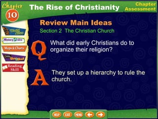 What did early Christians do to organize their religion? They set up a hierarchy to rule the church. The Rise of Christianity Section 2  The Christian Church Review Main Ideas 