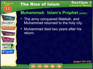 Muhammad:  Islam’s Prophet  (cont.) The army conquered Makkah, and Muhammad returned to the holy city .  The Rise of Islam Muhammad died two years after his return. (pages 374 – 375) 