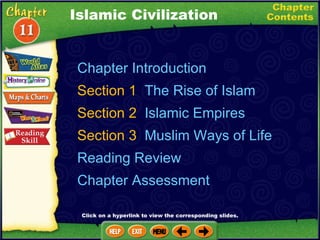 Chapter Introduction Section 1  The Rise of Islam Section 2  Islamic Empires  Section 3  Muslim Ways of Life Reading Review Chapter Assessment Islamic Civilization Click on a hyperlink to view the corresponding slides. 