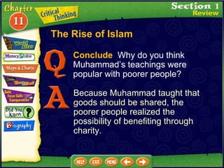 Conclude   Why do you think Muhammad’s teachings were popular with poorer people? Because Muhammad taught that goods should be shared, the poorer people realized the possibility of benefiting through charity. The Rise of Islam 
