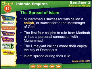 The Spread of Islam The first four caliphs to rule from Madinah all had a personal connection with Muhammad .  The Umayyad caliphs made their capital the city of Damascus .  Muhammad’s successor was called a  caliph,  or successor to the Messenger of God .  (pages 380 – 381) Islam spread during their rule. Islamic Empires 