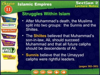 Struggles Within Islam After Muhammad’s death, the Muslims split into two groups:  the Sunnis and the Shiites.   (pages 382 – 383) The  Shiites  believed that Muhammad’s son-in-law, Ali, should succeed Muhammad and that all future caliphs should be descendents of Ali.   Sunnis  believe that the Umayyad caliphs were rightful leaders.   Islamic Empires 