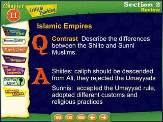 Contrast   Describe the differences between the Shiite and Sunni Muslims. Shiites: caliph should be descended from Ali, they rejected the Umayyads Sunnis:  accepted the Umayyad rule, adopted different customs and religious practices Islamic Empires 