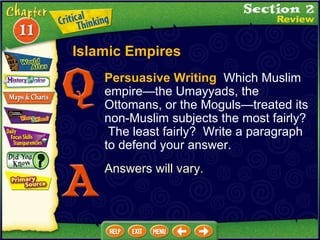 Persuasive Writing   Which Muslim empire —the Umayyads, the Ottomans, or the Moguls—treated its non-Muslim subjects the most fairly?  The least fairly?  Write a paragraph to defend your answer. Answers will vary.  Islamic Empires 