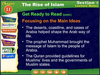 Get Ready to Read  (cont.) Focusing on the Main Ideas The Rise of Islam The deserts, coastline, and oases of Arabia helped shape the Arab way of life.  The prophet Muhammad brought the message of Islam to the people of Arabia.  The Quran provided guidelines for Muslims’ lives and the governments of Muslim states.  