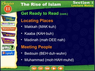 Get Ready to Read  (cont.) Locating Places Makkah (MAK·kuh)  Kaaba (KAH·buh)  Madinah (mah·DEE·nah)  The Rise of Islam Bedouin (BEH · d uh·wuhn)  Muhammad (moh·HAH·muhd)  Meeting People 
