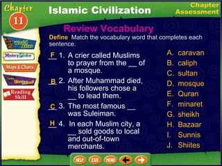 __ 1. A crier called Muslims to prayer from the __ of a mosque. __ 2. After Muhammad died, his followers chose a __ to lead them. __ 3. The most famous __ was Suleiman. __ 4.  In each Muslim city, a __ sold goods to local and out-of-town merchants. Review Vocabulary  A. caravan B. caliph C. sultan D. mosque Quran minaret sheikh Bazaar Sunnis Shiites B C Define   Match the vocabulary word that completes each sentence. F H Islamic Civilization 