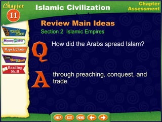 Section 2  Islamic Empires How did the Arabs spread Islam? through preaching, conquest, and trade Islamic Civilization Review Main Ideas 